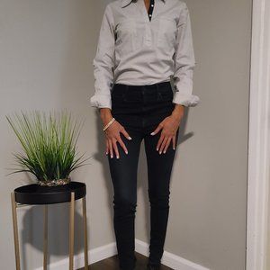 Relaxed Black and White Polo Women Shirt Cotton Long Sleeve Slim Fit Small